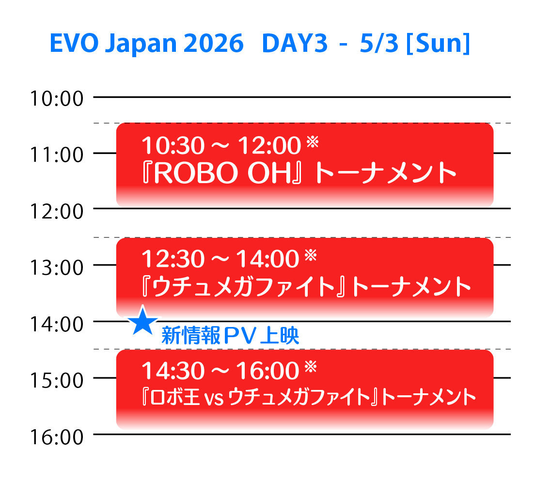 5/3(日)10:30～「ロボ王」／12:30～「ウチュメガファイト」／12:30～「ロボ王vsウチュメガファイト」／14:30～