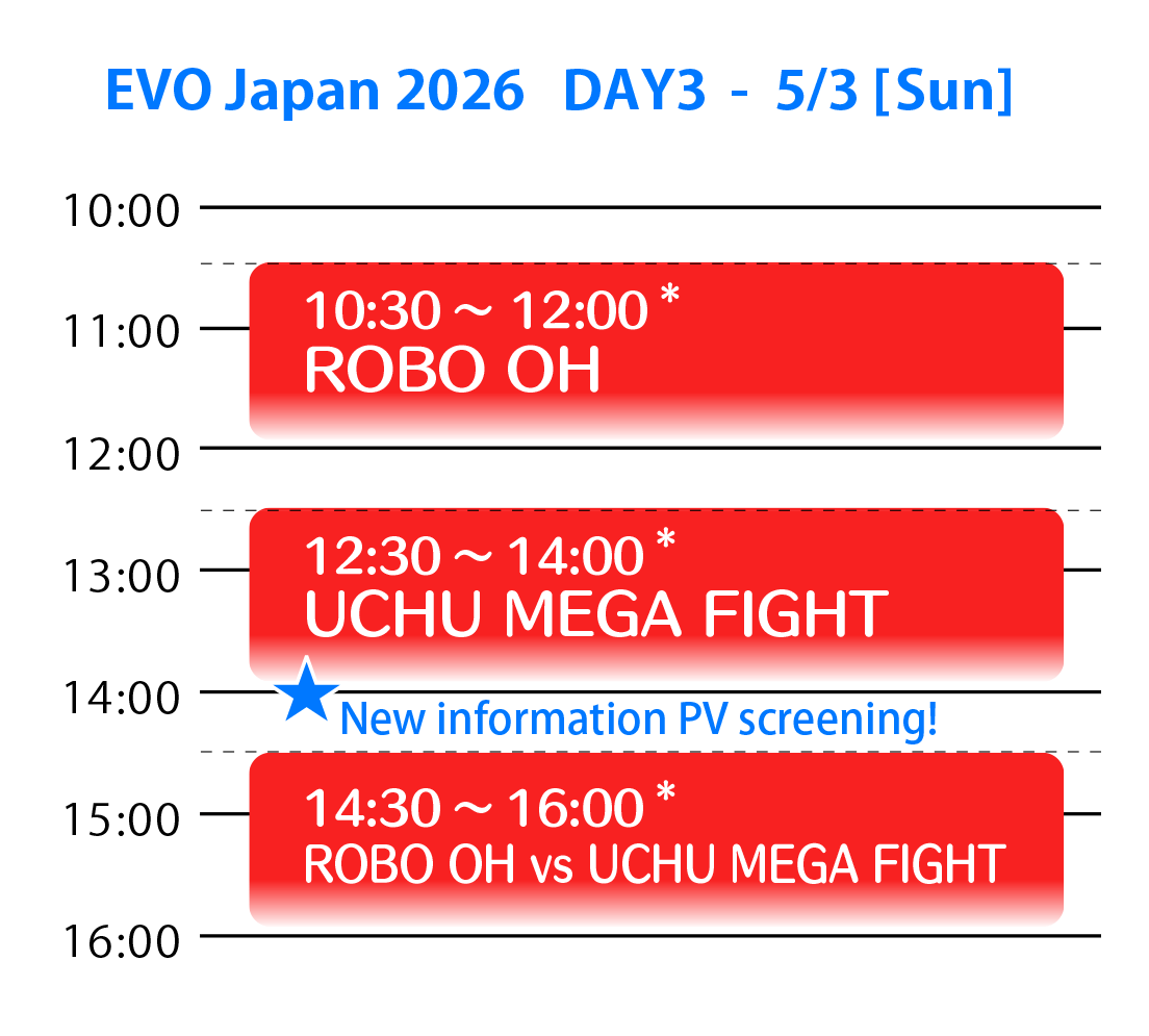 Sun, 5/3 10:30– ROBO OH / 12:30– UCHU MEGA FIGHT / 12:30– ROBO OH vs UCHU MEGA FIGHT / 14:30–